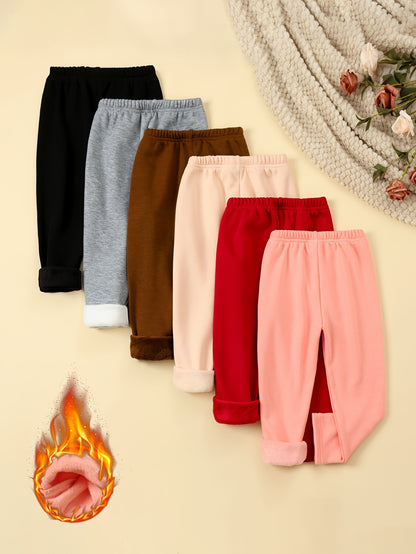 6 Pcs Girls Warm & Thermal & Versatile Solid Colored Fleece Lined Trousers Set For Fall & Winter - Hiccupzz