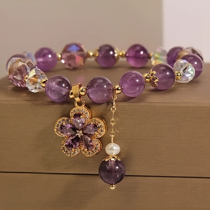 1Pc Fashionable Amethyst Bead Bracelet With Flower Pendent Perfect For Women