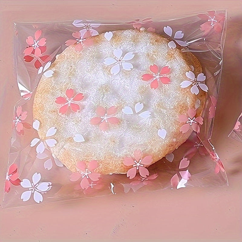 25PCS Floral Printed Polypropylene Gift Bags with Sakura Blossom Design – Clear, Durable OPP Plastic Pouches for Packaging Jewelry, Cookies, and Favors, Ideal for Party and Wedding Gifts