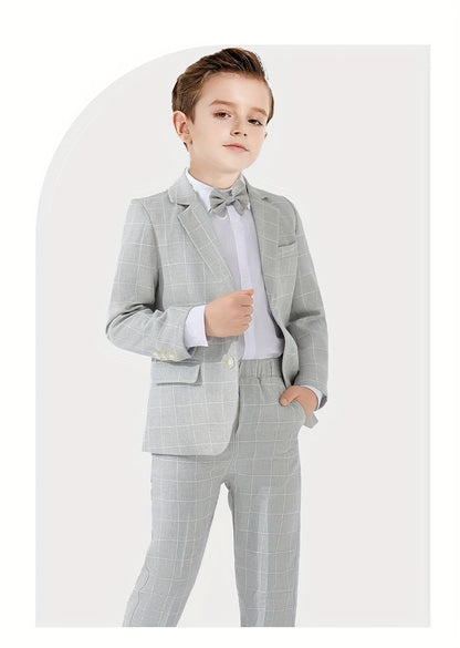 3-Pcs Boys Formal Plaid Gentleman Outfits, Long Sleeve Blazer, Bowtie, Pants Set - Hiccupzz