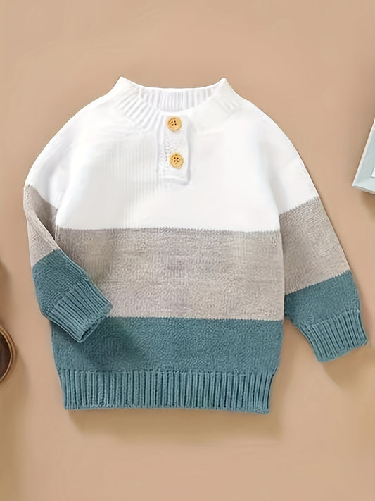 Boys Striped Knit Sweater, Mandarin Collar, Button Detail, Long Sleeve, Fall/Winter Wear