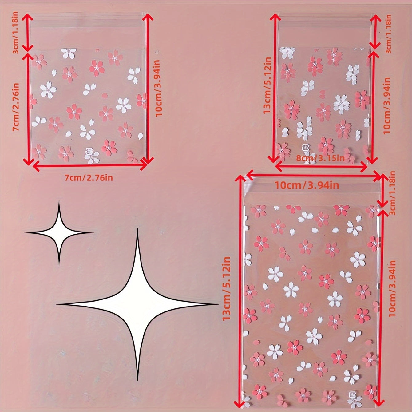 25PCS Floral Printed Polypropylene Gift Bags with Sakura Blossom Design – Clear, Durable OPP Plastic Pouches for Packaging Jewelry, Cookies, and Favors, Ideal for Party and Wedding Gifts