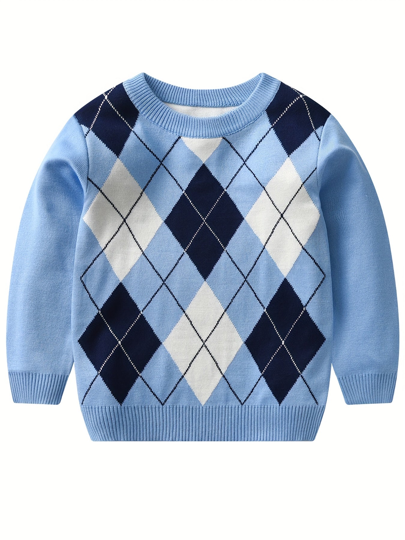 Boys Argyle Pattern Warm Knit Sweater - Round Neck, Long Sleeve