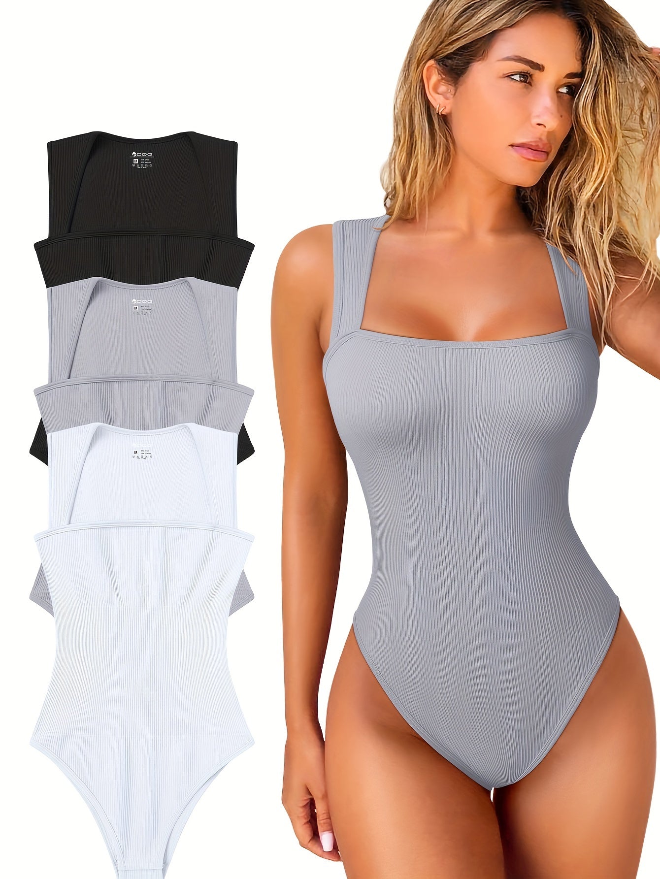 OQQ 3 Piece Bodysuits For Women Sexy Ribbed Strappy Square Neck Stretch Tank Tops Bodysuits