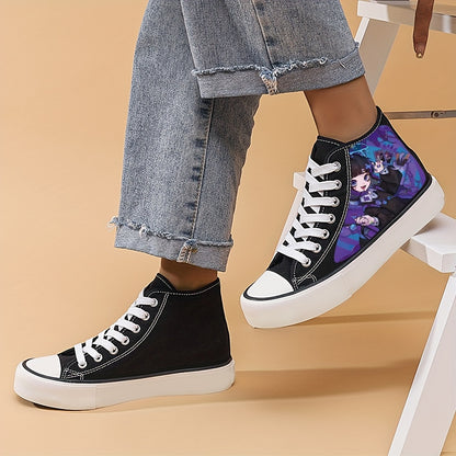 Women's Anime Beauty Print Shoes, Lace Up Comfy Platform Daily Skate Shoes, Lightweight High-top Canvas Shoes - Hiccupzz