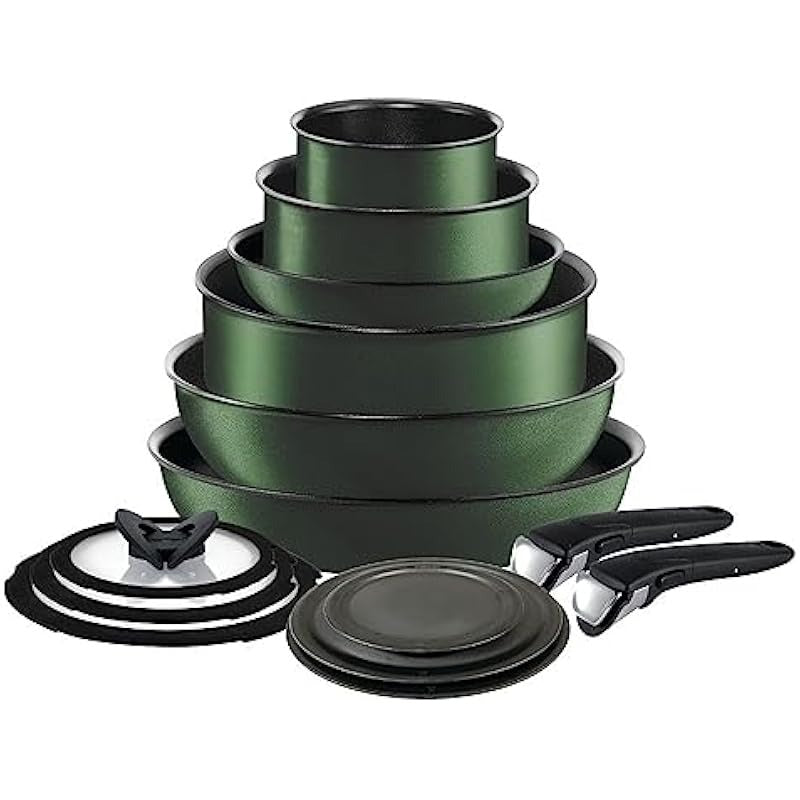 14 Pcs Nonstick Cookware Set - Induction, Oven & Broiler Safe (500°F), Dishwasher Safe, Detachable Handle, Forest Green