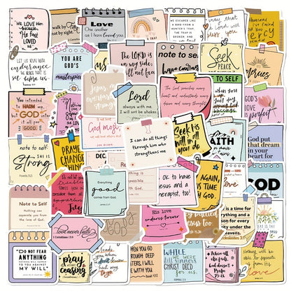 50pcs Bible Verse Sticky Notes – Waterproof PVC Self-Adhesive Christian Decals for Laptop, Notebook, Skateboard, and Luggage, Matte Finish, Irregular Shape, Single Use - Hiccupzz