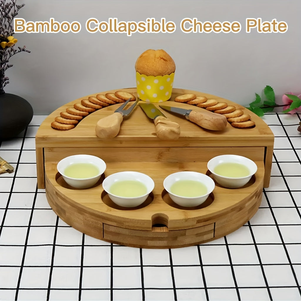 1 Set Bamboo Cheese Board with Slide-Out Drawer & Foldable Storage