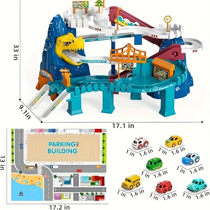 Boys Dinosaur Race Track Playset - Dinosaur Rolling Hill Car Track Toy For Kids, Car Ramp Track For Ages 3-7, Includes Mini Cars & Mountain Track Design