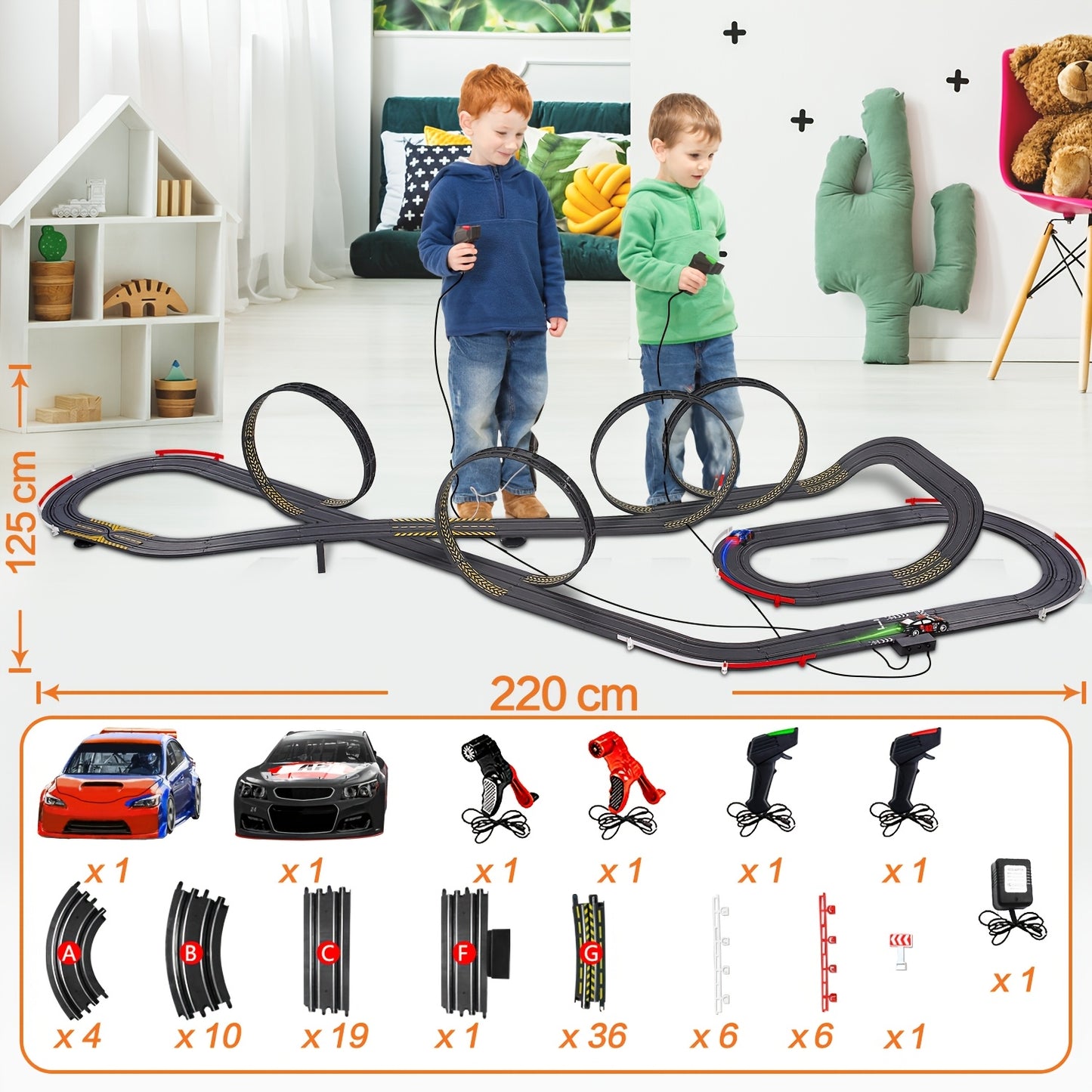 1 Set Hobby Stars High-Speed Race Car Track Set for Kids, 4 Controllers, 2 Power Methods, Durable PP Material, Interchangeable Loops, Battery-Free Operation