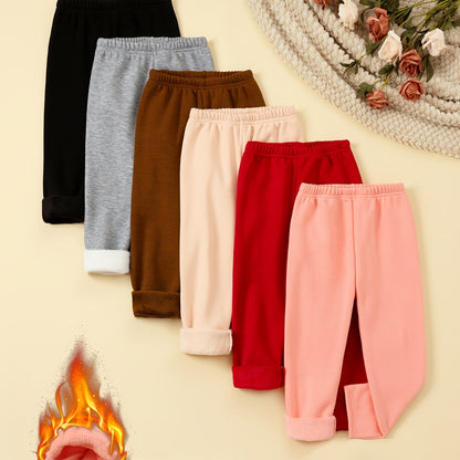 6 Pcs Girls Warm & Thermal & Versatile Solid Colored Fleece Lined Trousers Set For Fall & Winter - Hiccupzz