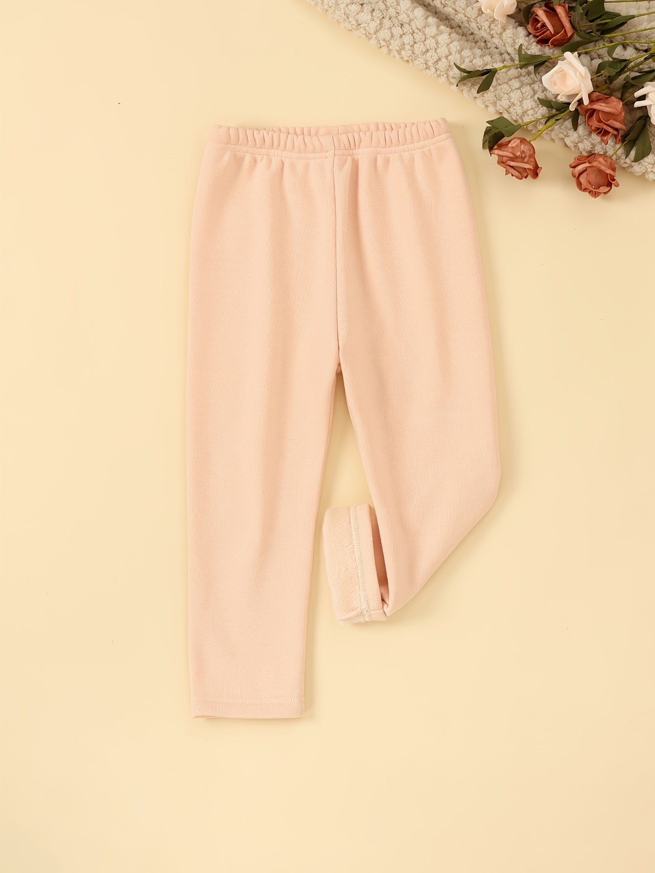 6 Pcs Girls Warm & Thermal & Versatile Solid Colored Fleece Lined Trousers Set For Fall & Winter