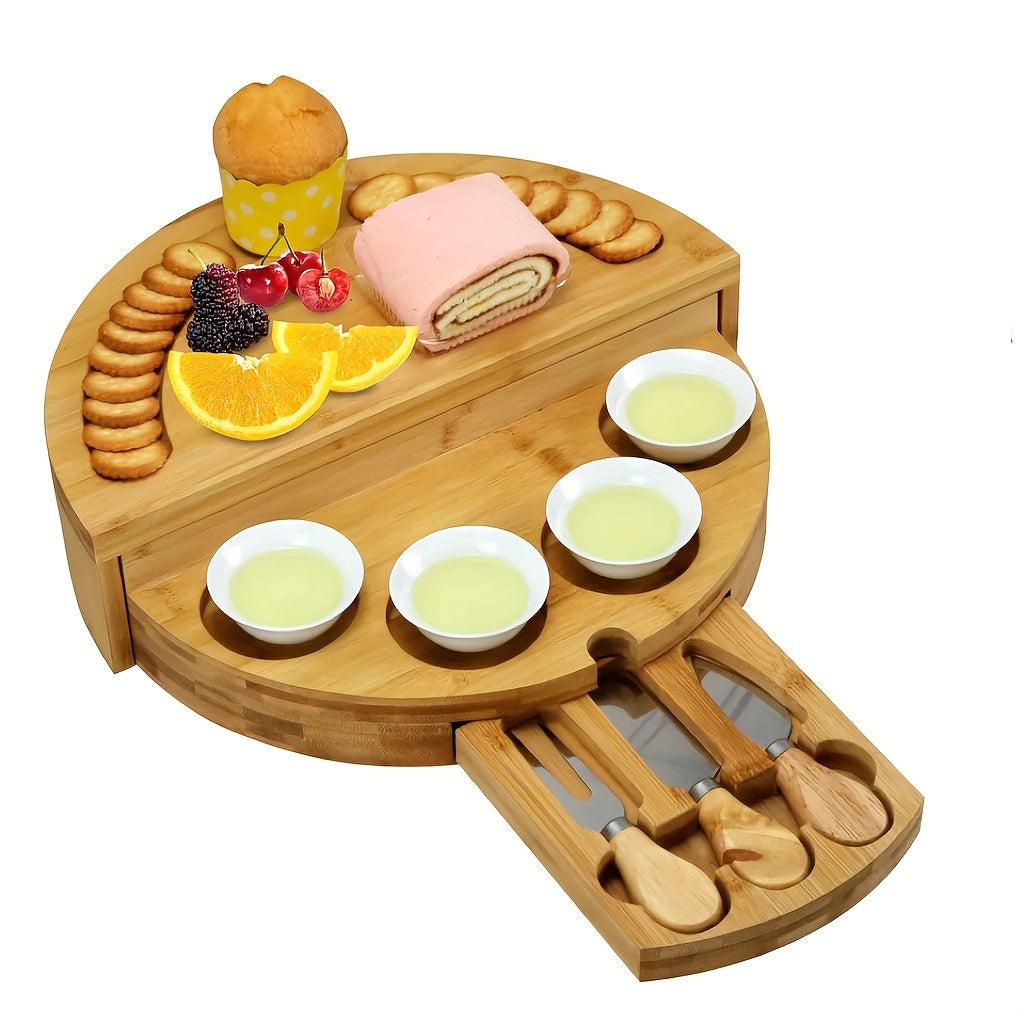 1 Set Bamboo Cheese Board with Slide-Out Drawer & Foldable Storage