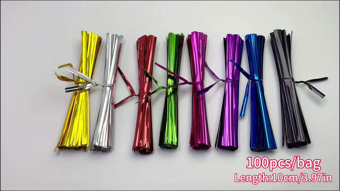 Metallic Twist Ties (100pcs): Colored Spiral Ties for Cellophane Party Bags and Candy Bags - 10cm/3.97in, Available in 8 Colors