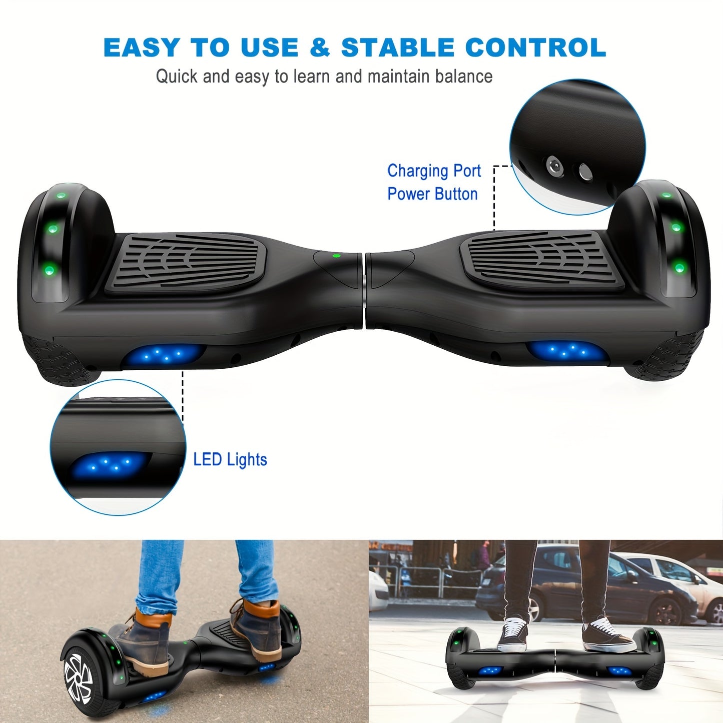 SISIGAD Wireless Hoverboard, 6.5" Listed Two Wheel Self Balancing Electric Scooter with LED Lights, Black - Hiccupzz