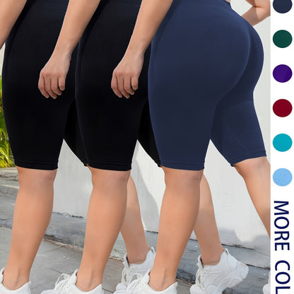 3-Pack Plus Size Yoga Shorts For Women, High Waist Peach Lift, Stretchy, Butt-lifting, High Elasticity, Fitness Activewear, Quick-Dry, Seamless Sport Shorts Set - Hiccupzz