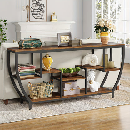 Little Tree Rustic 70.9 Inch Sofa Table with Shelves, Industrial Console Table with Storage, Entryway Table TV Stand