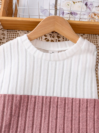 Tween Girls Elegant & Stylish Long Sleeve Color Contrast Ribbed Knitted Dress For Fall & Winter Outdoors - Hiccupzz