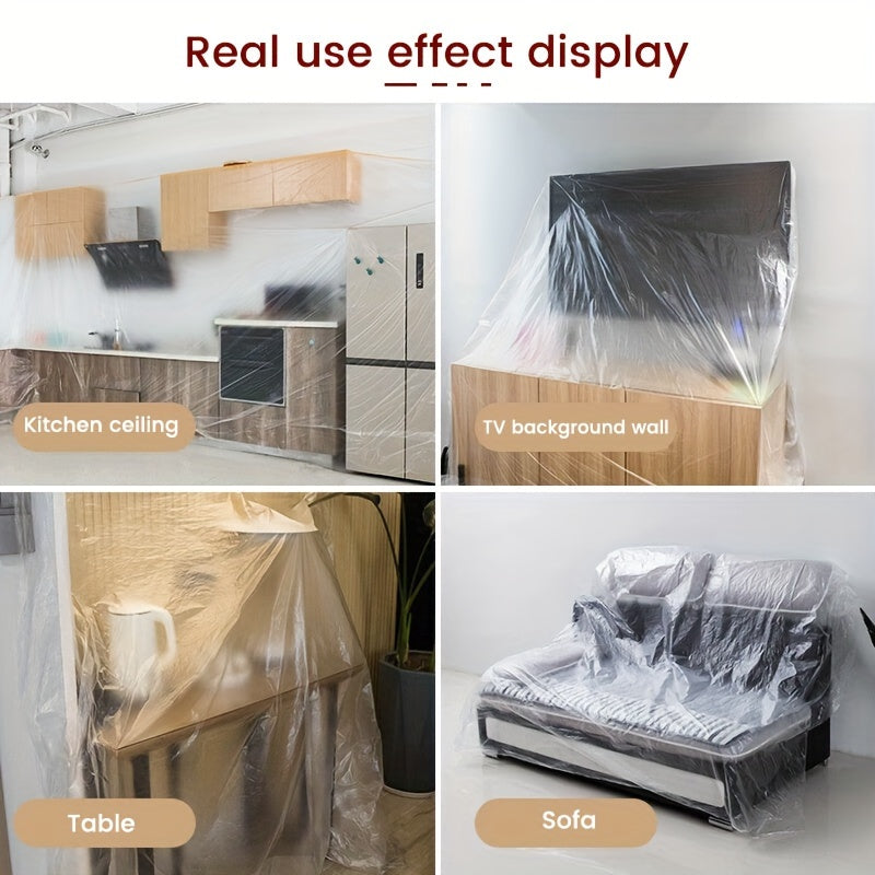 2 Pcs Multi-Purpose Disposable Dust Covers with Tape, Transparent PE Film for Furniture Protection During Travel, Renovation & Cleaning