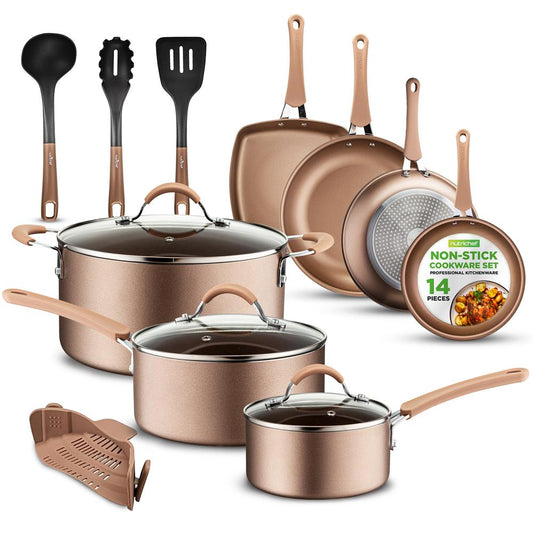 NutriChef 14pc Home Kitchen Cookware Set - Golden Non-Stick Coating, Multi-Layered with Heat Resistant Lacquer