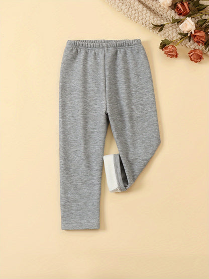 6 Pcs Girls Warm & Thermal & Versatile Solid Colored Fleece Lined Trousers Set For Fall & Winter - Hiccupzz
