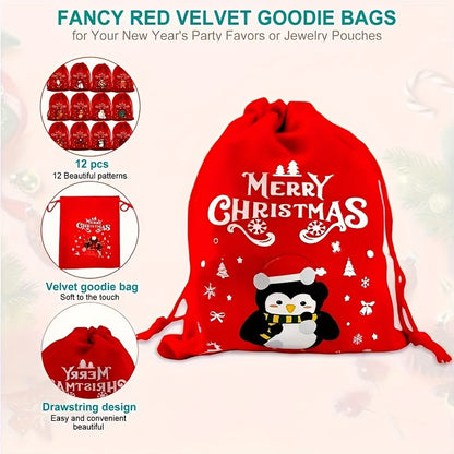 Festive Red Velvet Goody Bags – Ideal for Christmas Party Favors or Jewelry Pouches - Hiccupzz