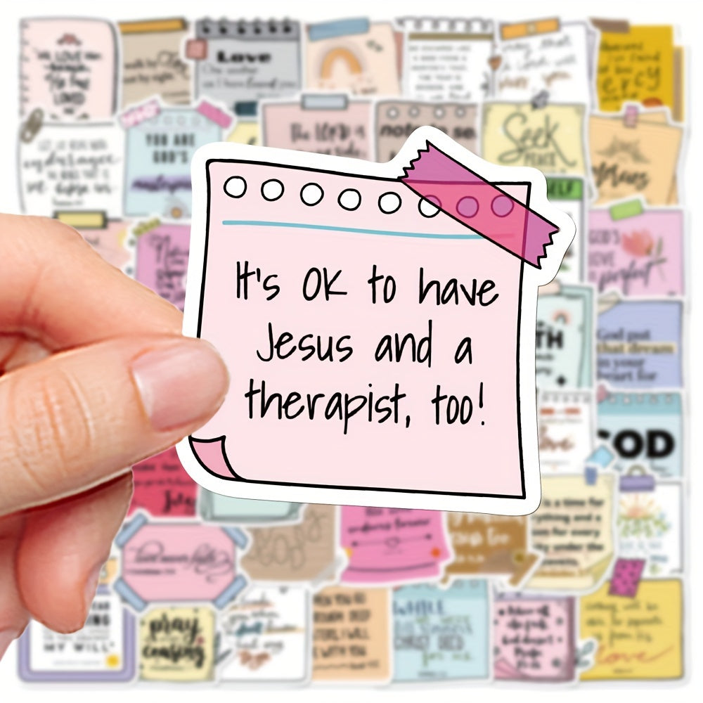 50pcs Bible Verse Sticky Notes – Waterproof PVC Self-Adhesive Christian Decals for Laptop, Notebook, Skateboard, and Luggage, Matte Finish, Irregular Shape, Single Use