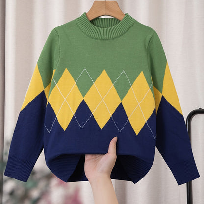 Kid's Color Clash Argyle Jacquard Sweater, Preppy Style Cable Knit Long Sleeve Top, Fall/Winter - Hiccupzz