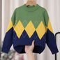 Kid's Color Clash Argyle Jacquard Sweater, Preppy Style Cable Knit Long Sleeve Top, Fall/Winter - Hiccupzz