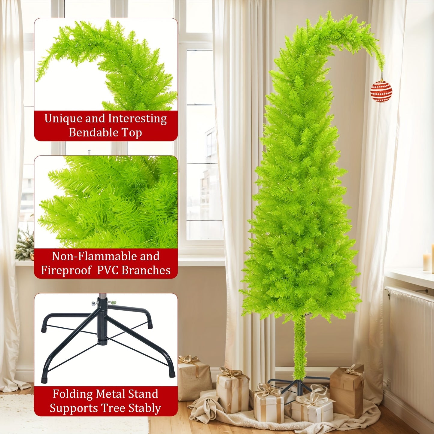 1 Pc 6FT Christmas Tree with Skirt, Lights, and Ornaments - Bendable Artificial Tree for Home, Office, Party, and Outdoor Décor