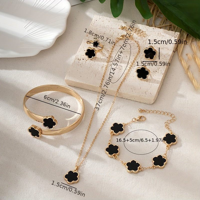 1 Pair Stud Earrings +1 Pc Necklace +1 Pc Bracelet +1 Pc Bangle +1 Pc Ring With Lucky Flower Design Alloy Jewelry Set Trendy Female Gift