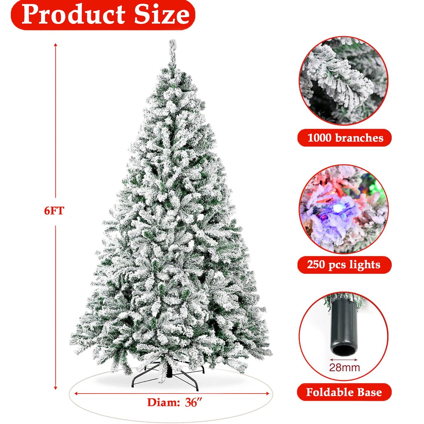 6ft Pre-Lit Snow Flocked Artificial Christmas Tree with 250 Lights