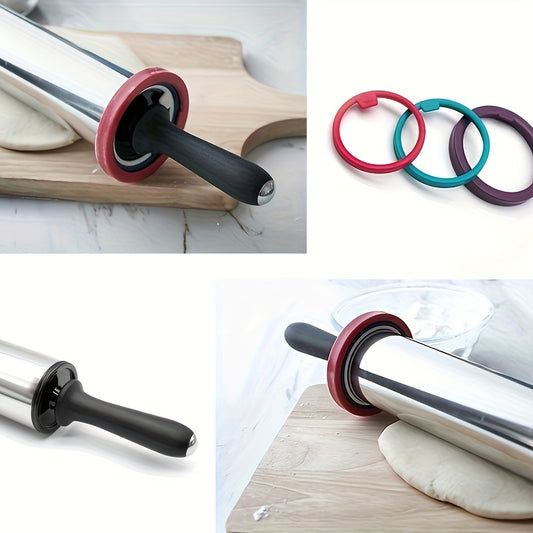 1pc, Large Stainless Steel Rolling Pin, Adjustable 3-Thickness Rings, Dough Roller For Pie & Pizza Baking, With Non-Stick Surface