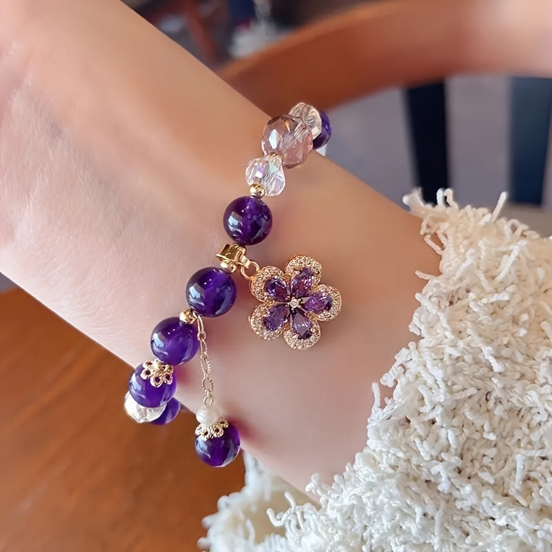 1Pc Fashionable Amethyst Bead Bracelet With Flower Pendent Perfect For Women