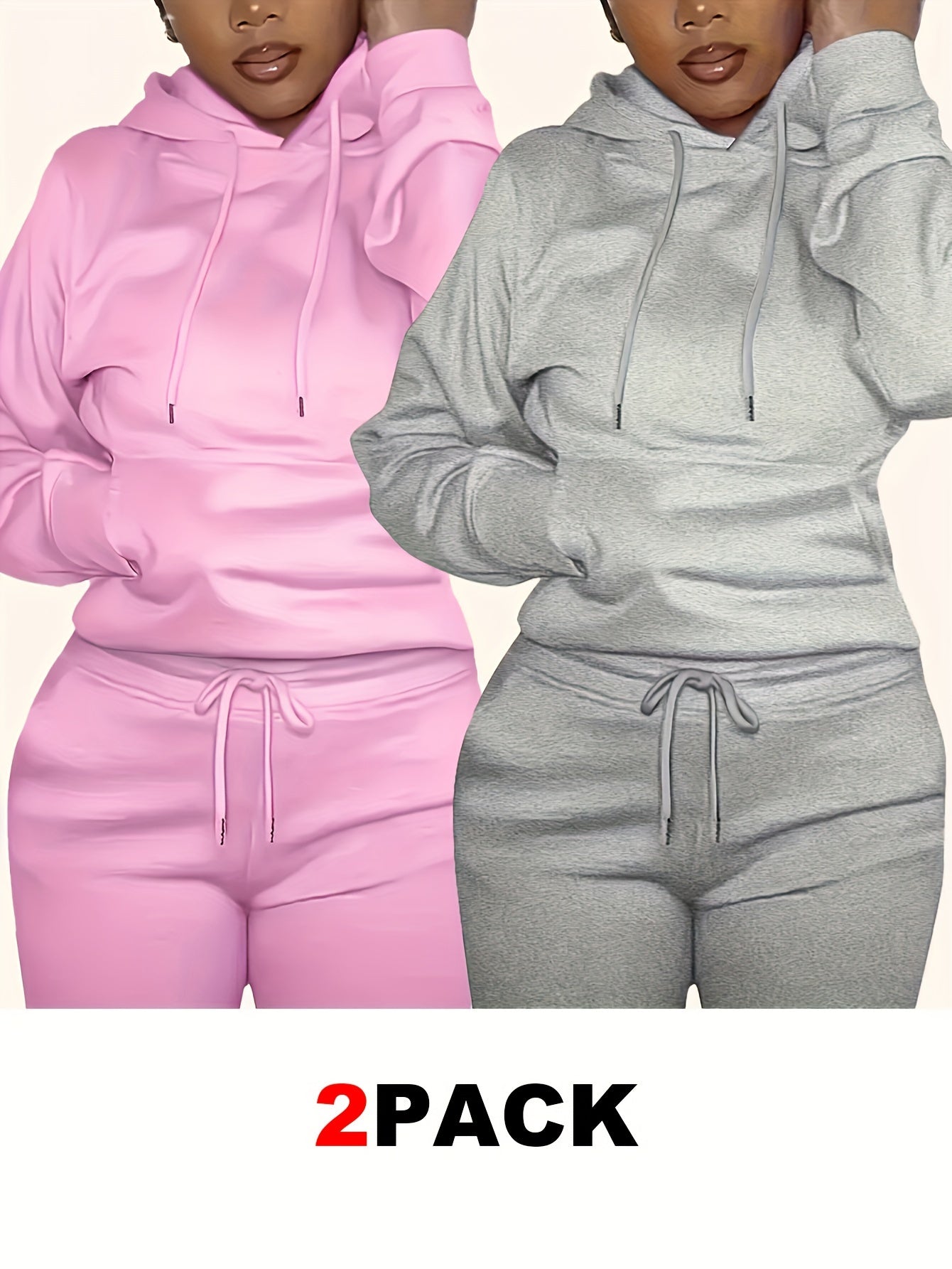 2-pack Women's Solid Drawstring Hoodies, Long Sleeve Kangaroo Pocket Sweatshirt for Fall & Winter