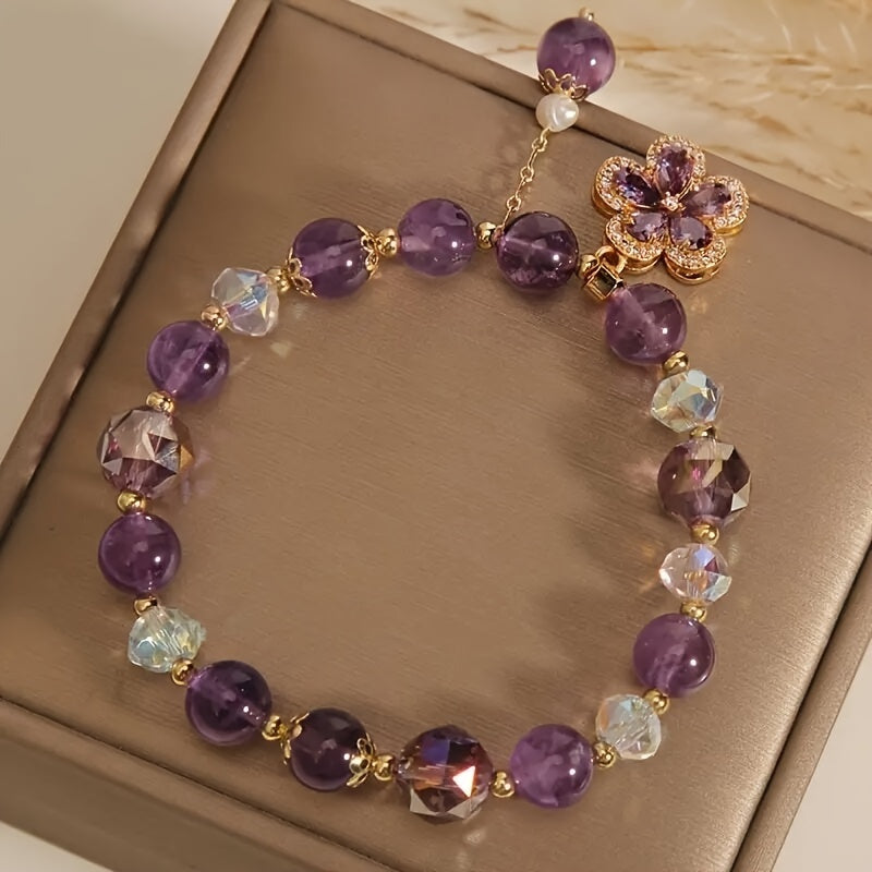 1Pc Fashionable Amethyst Bead Bracelet With Flower Pendent Perfect For Women