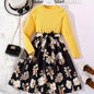 Girls' Floral Spliced Dress, Long Sleeves, Round Neck, Belted, Party Dress - Hiccupzz