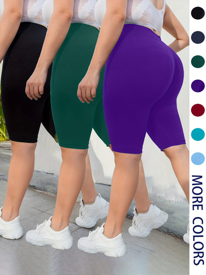 3-Pack Plus Size Yoga Shorts For Women, High Waist Peach Lift, Stretchy, Butt-lifting, High Elasticity, Fitness Activewear, Quick-Dry, Seamless Sport Shorts Set - Hiccupzz