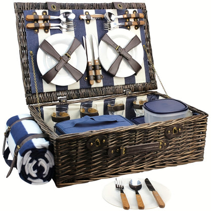 Extra Large Willow Picnic Basket with Service Set for 4 Persons, Natural Wicker Picnic Hamper with Free Food Cooler, Fleece Blanket and Tableware - Hiccupzz