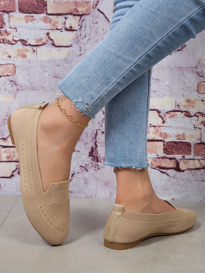 Women's Black Slip-On Flats - Breathable Knitted Round Toe Non-Slip Casual Lightweight Walking Shoes - Hiccupzz