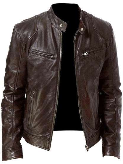 Men's PU Leather Motorcycle Jacket with Zipper Pockets, Autumn/Winter Stand Collar Cardigan Coat - Hiccupzz