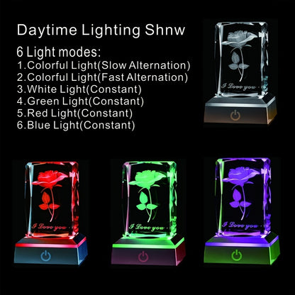 1 Pc 3D Rose Crystal with LED Color Lamp - Perfect Gift for Mother's Day, Birthday, and Anniversaries