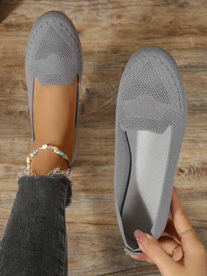 Women's Black Slip-On Flats - Breathable Knitted Round Toe Non-Slip Casual Lightweight Walking Shoes - Hiccupzz