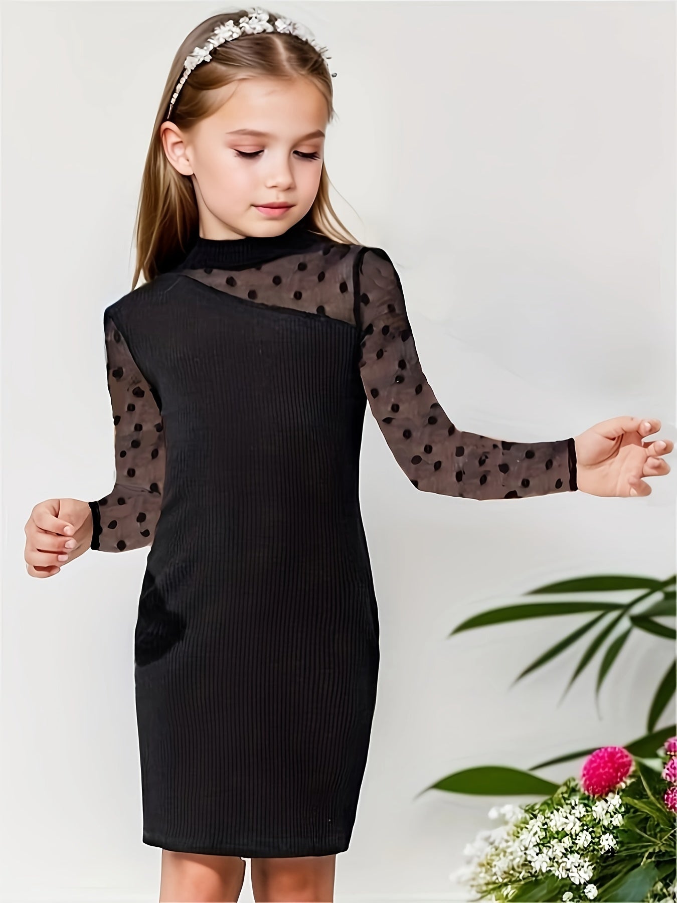 Elegant Girls Splicing Mesh Dress, Long Sleeve, Party & Performance