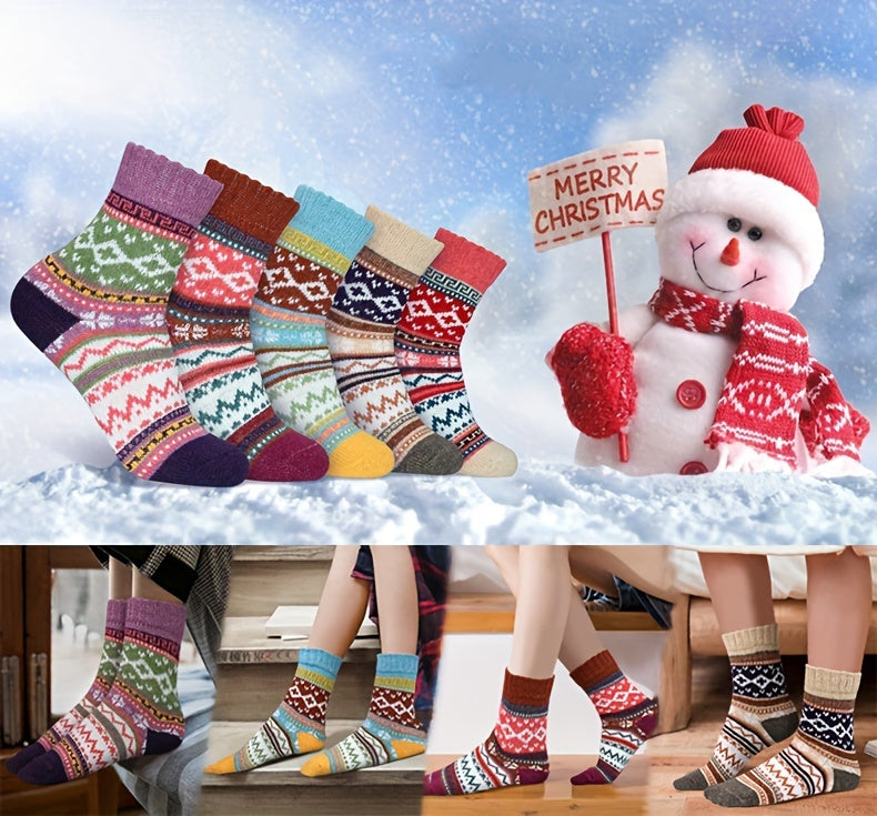 5 Pairs Women's Winter Knitted Socks - Thick, Warm, Soft, for Hiking, Skiing, Outdoor & Casual Wear