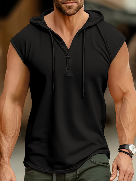 Men's Solid Color Henley Hooded Tank - Summer Fitness & Sports Wear