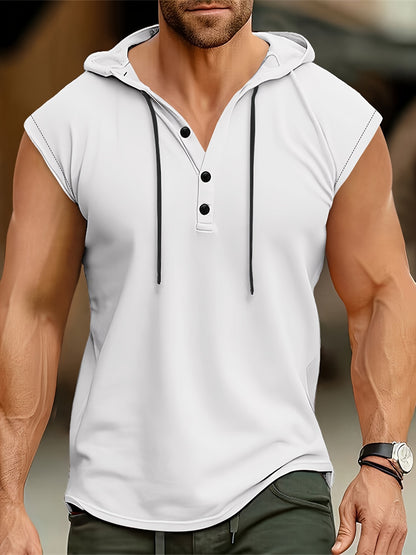 Men's Solid Color Henley Hooded Tank - Summer Fitness & Sports Wear - Hiccupzz
