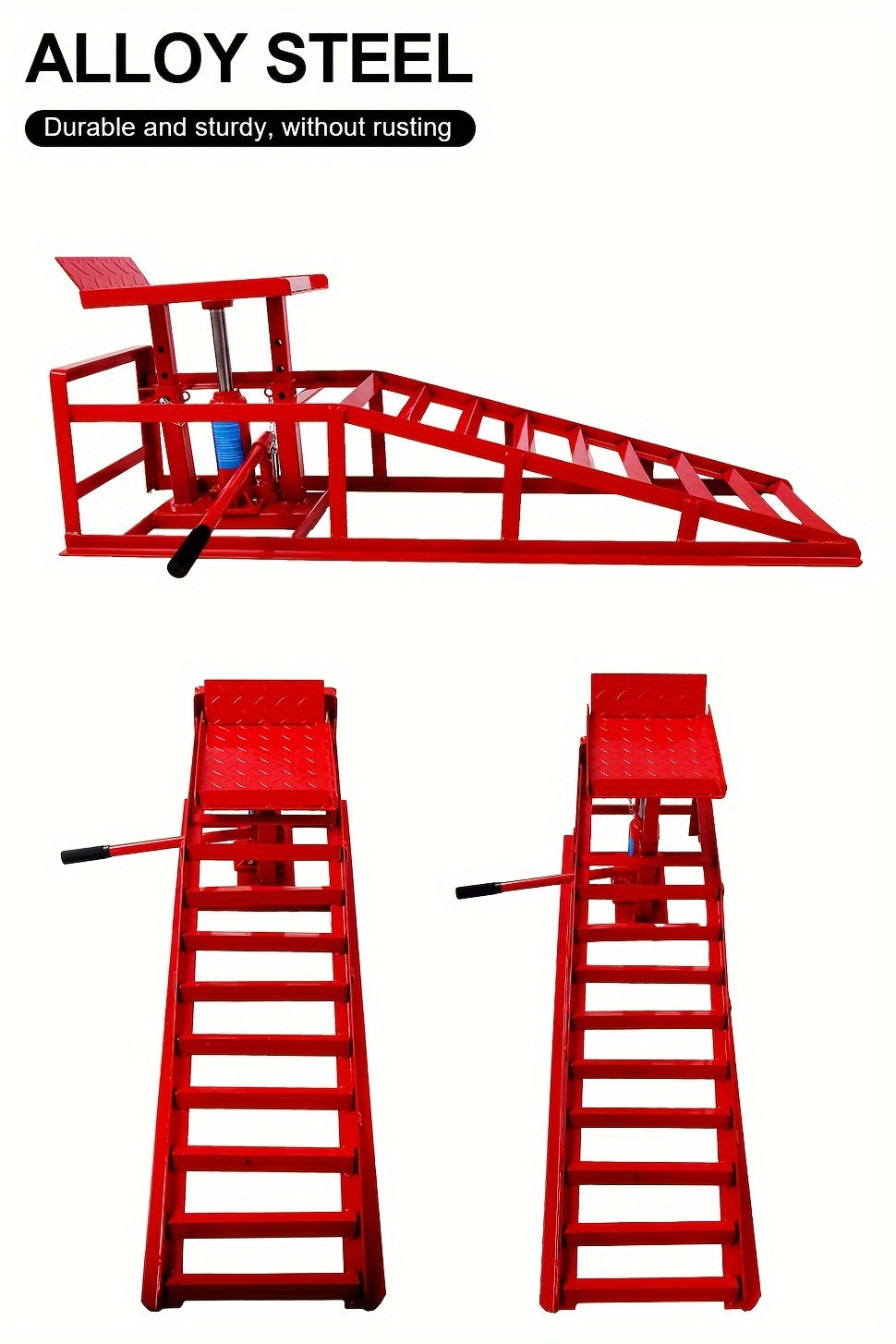 2-Pack Heavy Duty Hydraulic Truck Ramps - 5T/11,000Lbs Capacity, Steel Vehicle Maintenance Platform for Garage, Red