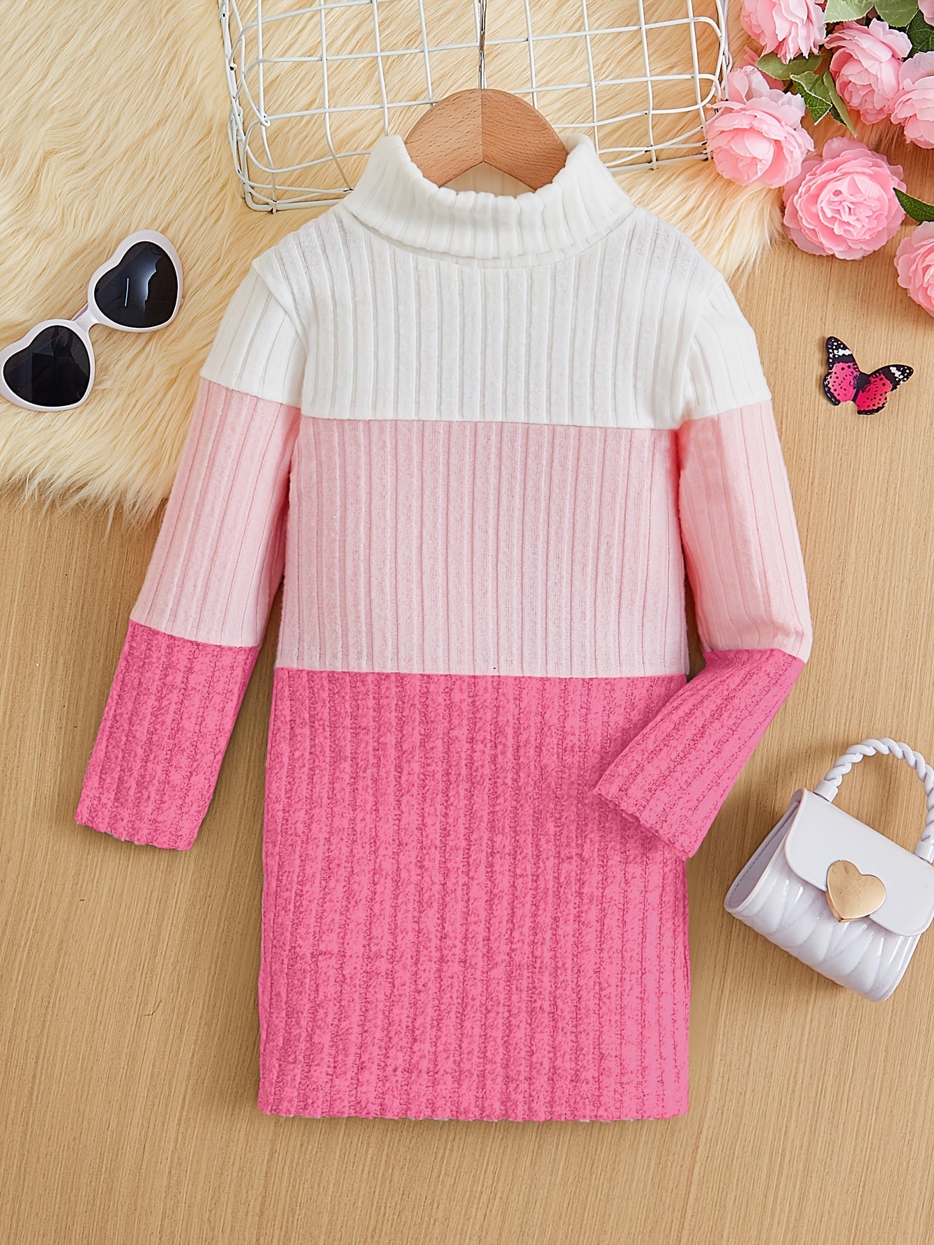 Girls Splicing Ribbed Knit Turtleneck Dress Kids Clothes Party Gift 3-8Y