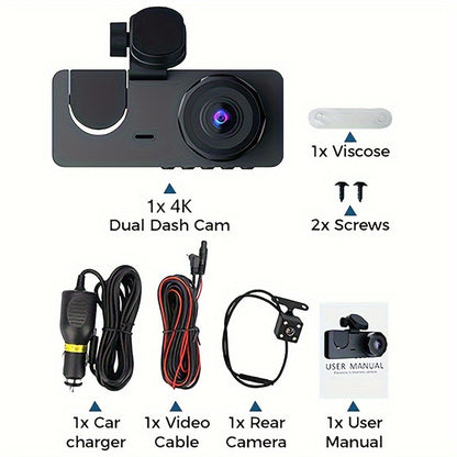Dash Camera For Cars, 4K Full UHD Car Camera Front Rear With Free 32GB SD Card, Dashcams For Cars With Night Vision, 24 Hours Parking Mode, WDR, G-Sensor, Motion Detection - Hiccupzz
